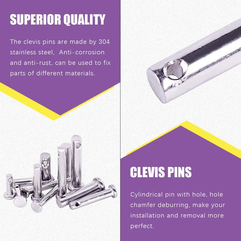 44 Piece Clevis Pin Assortment Kit In 304 Stainless Steel with flat head, T shape, and round pins shown in close-up.