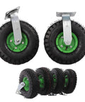 10 Inch Heavy Duty Pneumatic Caster Wheels Set Of Four Rolls Smooth As Butter 660 LBS Per Wheel in green and black, featuring swivel and rigid mounts.