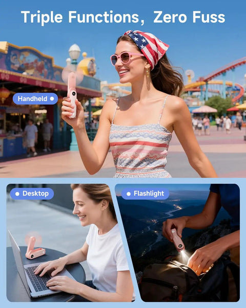 Woman using Portable Handheld Mini Fan With LED Display in an amusement park; USB rechargeable fan and flashlight for travel use.
