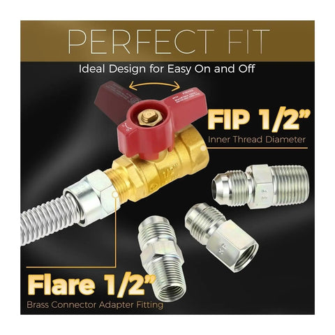 Heavy Duty Stainless Steel Braided Gas Line Connector Hose For Natural Propane Appliance Hookup With Shut-Off Valve And Multiple Couplings To Get Your Kitchen Setup Rolling Smooth As Pie, 1/2 inch
