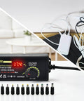 Adjustable Universal Power Supply Adapter 4A 144W Variable DC Output 3V To 36V with 14 Tips shown in use versus tangled cables