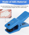 Blue plastic hose clamp pliers with black rubber fluid stopper for brake line use (side view).