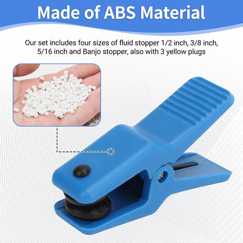 Blue plastic hose clamp pliers with black rubber fluid stopper for brake line use (side view).