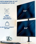 Beefy Dual Monitor Desk Mount With Height Adjustment And Vesa Plates For Two Ultrawide Lcd Screens Up To Thirty Four Inches vertically stacked showing VESA compatibility.