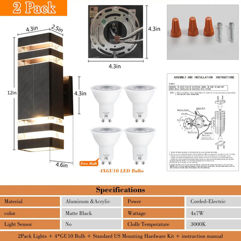 Slick Modern Black Outdoor Wall Light Two Pack Weatherproof Exterior Sconce with dimensions and installation details