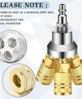 Close-up of Two Pack 3 Way Air Manifold Hose Splitter Kit With Three Steel Industrial Couplers And Quarter Inch NPT Plug For Compressors Brass Color