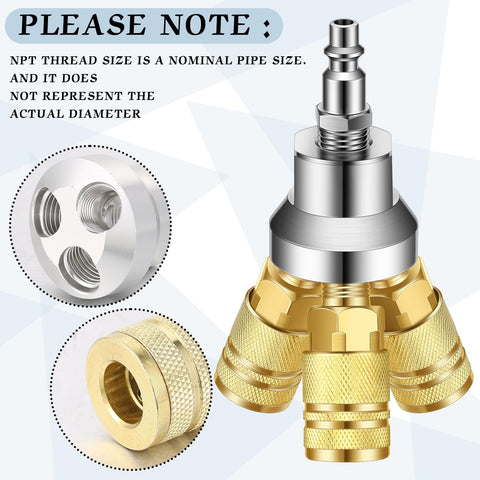 Close-up of Two Pack 3 Way Air Manifold Hose Splitter Kit With Three Steel Industrial Couplers And Quarter Inch NPT Plug For Compressors Brass Color