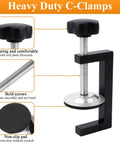 Heavy duty C-clamp with non-slip, non-marring swivel jaws and rotating plum knob, shown bolted and adjusted.