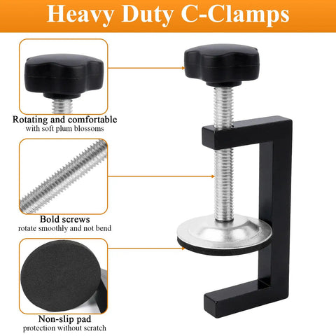 Heavy duty C-clamp with non-slip, non-marring swivel jaws and rotating plum knob, shown bolted and adjusted.