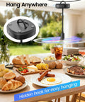 4 Pack Food Table Fans With 2000mAh Rechargeable Battery hanging over a table with food, showing hidden hook feature.