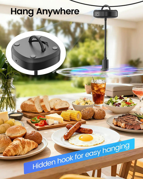 4 Pack Food Table Fans With 2000mAh Rechargeable Battery hanging over a table with food, showing hidden hook feature.