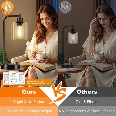 Side-by-side comparison of an Industrial Table Lamp With USB A And C Ports And Outlet Fully Stepless Dimmable Modern Nightstand Lamp With Dope Glass Shade For Bedroom Living Room And Office 8W 2700K LED Edison Bulb Included, highlighting brightness and flicker differences.