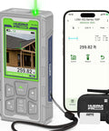 Outdoor Long Range Green Laser Measure With Camera And Bluetooth, 260 Feet Range, P2P Technology, IP68 Rugged, Free App Included, Micro USB Cable, Hand Strap And Pouch, Accuracy Within One Sixteenth Inch. Laser measure showing 259.82 ft with app and case