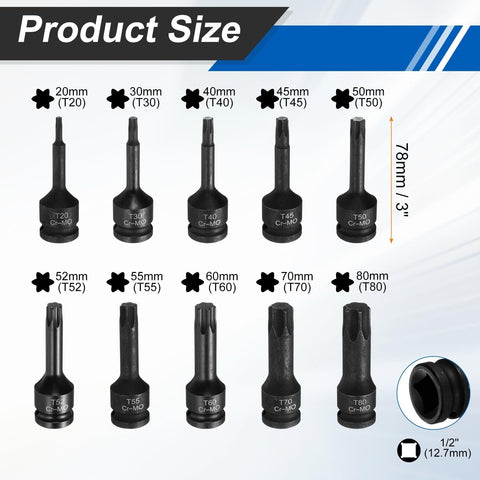Ten Piece Half Inch Drive Torx Socket Set T20 To T80 6 Point Star Bits Cr Mo Steel Heavy Duty Impact Grade With Cotter Pins And O Rings For Garage Workshop And Automotive Repairs layout with socket sizes