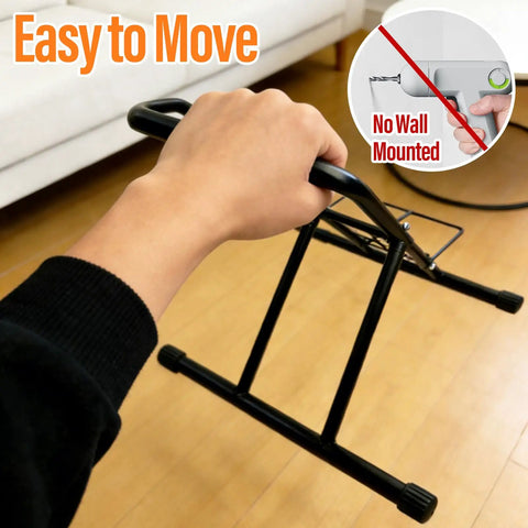 Easy to move Push In Floor Bike Stand For 16 To 29 Inch Bikes No Lift Needed shown being held indoors, highlighting portability.