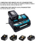 Twin Ports Battery Charger DC18RD charging two LXT Lithium Ion Batteries, compatible with 14.4V-18V BL series, close-up view.