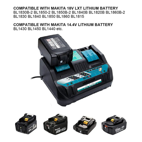 Twin Ports Battery Charger DC18RD charging two LXT Lithium Ion Batteries, compatible with 14.4V-18V BL series, close-up view.