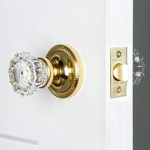 Rope Rosette And Crystal Door Knob Set For Large Doors, Retro Vibe Hardware with classic rope detailing and elegant crystal knob on door