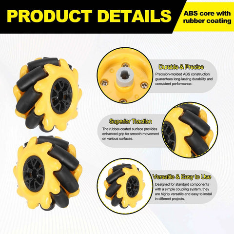 Meccanixity 2-pack Mecanum wheels set, yellow with black rollers, 48mm ABS rubber, for DIY robot cars