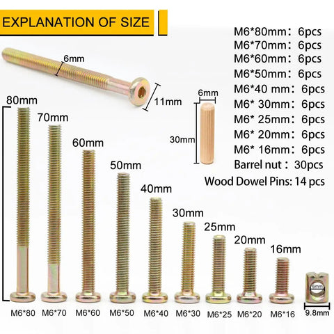 54 Piece Crib Screws And Nuts Kit With Hex Socket Cap Screws, Barrel Nuts And Wooden Dowels M6 Fasteners 16mm To 80mm