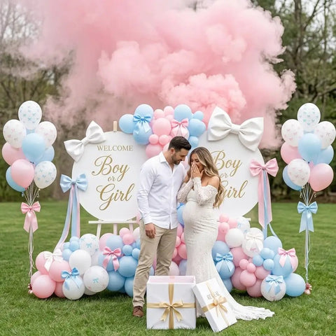 Pastel Pink and Blue Gender Reveal Balloons Set 60 Pack with couple revealing gender amidst pink smoke and decorated balloons display