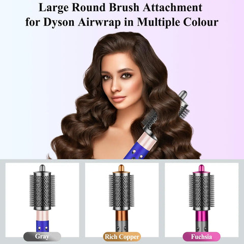 Woman with curls using Large Round Volumizing Hair Brush Attachment for Dyson Airwrap in gray, copper, and fuchsia colors