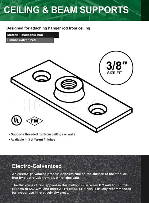 Diagram of Ceiling Flange Hanger Plate For Three Eighths Inch Threaded Rod Not Pipe DIY Friendly Plumbing And Industrial Decor Galvanized Iron Sturdy Mounts One And Three Eighths Inch Wide By Three And Five Sixteenths Inch Long Pack Of Twenty