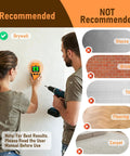 LSENLTY Stud Finder Wall Scanner displayed on drywall with recommendations for use and not recommended surfaces.