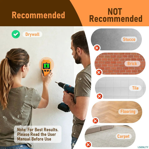 LSENLTY Stud Finder Wall Scanner displayed on drywall with recommendations for use and not recommended surfaces.