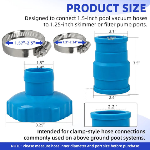 Pool Vacuum Hose Adapter Kit For One And A Half Inch To One And A Quarter Inch Hoses With Stainless Steel Clamps product size chart