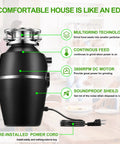 3/4 HP Quiet Garbage Disposal for Home Kitchens with power cord, continuous feed, soundproof shield, and multigrind technology.