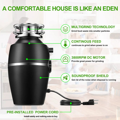 3/4 HP Quiet Garbage Disposal for Home Kitchens with power cord, continuous feed, soundproof shield, and multigrind technology.
