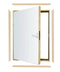 Heavy Duty Insulated Wooden Wall Hatch Access Door White Finish R Value 5.2 with Smart Trim Kit, fully assembled, open view.