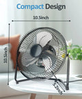 Three Speed Portable Metal Floor Fan With Adjustable Tilt For Home Office And Bedroom Quiet Operation Lightweight Yet Sturdy Black Nine Inch Chill Breeze For Desk Or Floor Use, shown on a white table with dimensions.