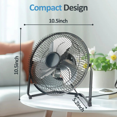 Three Speed Portable Metal Floor Fan With Adjustable Tilt For Home Office And Bedroom Quiet Operation Lightweight Yet Sturdy Black Nine Inch Chill Breeze For Desk Or Floor Use, shown on a white table with dimensions.