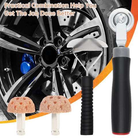Front view of Tire Patch Kit With Patch Roller And Buffing Wheels 42mm And 55mm Six Piece Set for quick puncture repair, featuring tools.