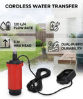 Heavy Duty Cordless Submersible Water Transfer Pump Delivers Strong 120 Liter Flow With 21V Lithium Ion Power features a red compact design with a long cord.