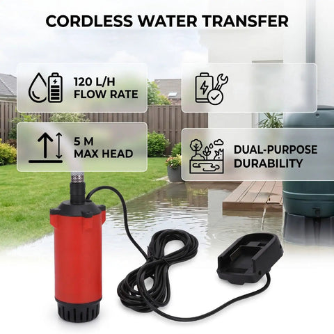 No Strings Attached Cordless Lithium-Ion Submersible Water Transfer Pump Workhorse with 120L/H Flow and 5m Head, red pump in yard.