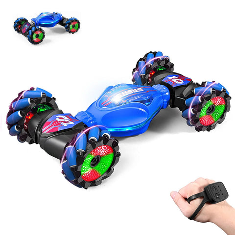 Mucdcnhk 360° rotating 4WD RC car with LED wheels, gesture sensing, blue body, includes wrist remote