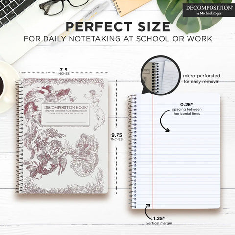 Mermaids College Ruled Spiral Notebook 9.75 by 7.5 Journal with 160 Lined Pages made from 100 percent recycled paper, open and cover view