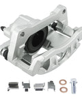 Front-right view of brake caliper in silver with mounting bolts and copper washers