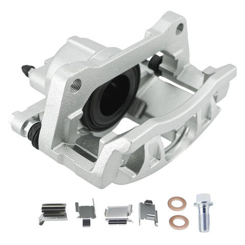 Front-right view of brake caliper in silver with mounting bolts and copper washers