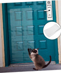 Heavy Duty Self Adhesive Anti Scratch Tape For Sofa Couch And Door Frame Guard With Cat Dog Pet Window Edge Protector No Drama Peel And Stick applied on a teal door with a cat trying to scratch.