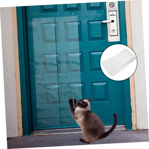 Heavy Duty Self Adhesive Anti Scratch Tape For Sofa Couch And Door Frame Guard With Cat Dog Pet Window Edge Protector No Drama Peel And Stick applied on a teal door with a cat trying to scratch.