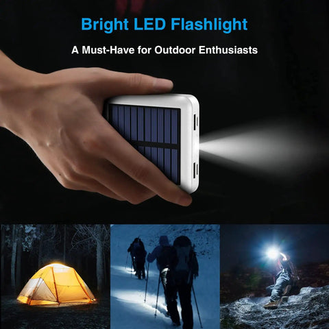 Pocket Sized Solar Power Bank 12000mAh with Built In Cables and Dual USB Outputs, shown with LED flashlight, used in outdoor settings.