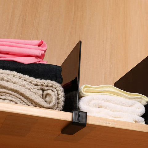 Black Acrylic Shelf Dividers Eight Pack for Closets and Shelves keep towels neatly organized on a wooden shelf