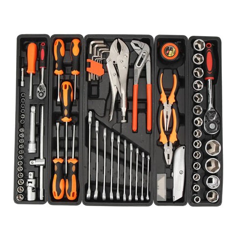 Multifunction Ratchet Socket Tool Kit With 85 Piece Folding Wrench Set For Car And Motorcycle Repair Pro Grade Portable Mechanics Kit Built With Heavy Duty Molybdenum Steel displayed in a tray