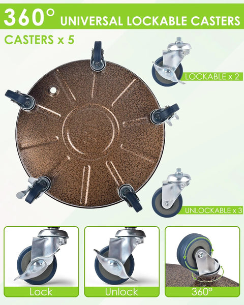 Bottom view of 2 Pack 15.7 Inch Large Plant Stand With Lockable Wheels, showing 5 heavy-duty casters, great for indoor and outdoor use.