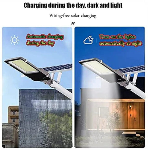 Hella Bright Solar Led Flood Light With Remote And Dusk To Dawn Sensor showing daytime charging and nighttime illumination.