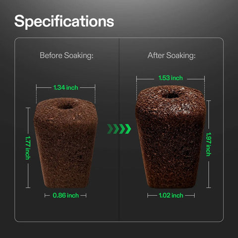 Specifications of Seed Rooter Plugs For Seedlings And Cuttings, 40 Cube Pack showing size before and after soaking.
